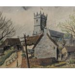 Attributed to John Piper, ink and pastel, Village scene, bears signature, 34 x 42cm