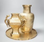 Two early 20th century Chinese bronze vases and a similar tray, 35cm diam.