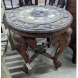 An Indian bone inlaid circular carved hardwood occasional table, diameter 52cm, height 59cm