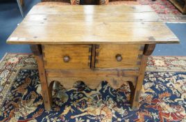 An 18th century style French Provincial fruitwood two drawer low table, width 95cm, depth 59cm,