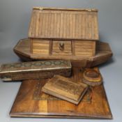 A mixed collection of treen comprising Noah's Ark with animals, olive wood blotter, book ‘Wild