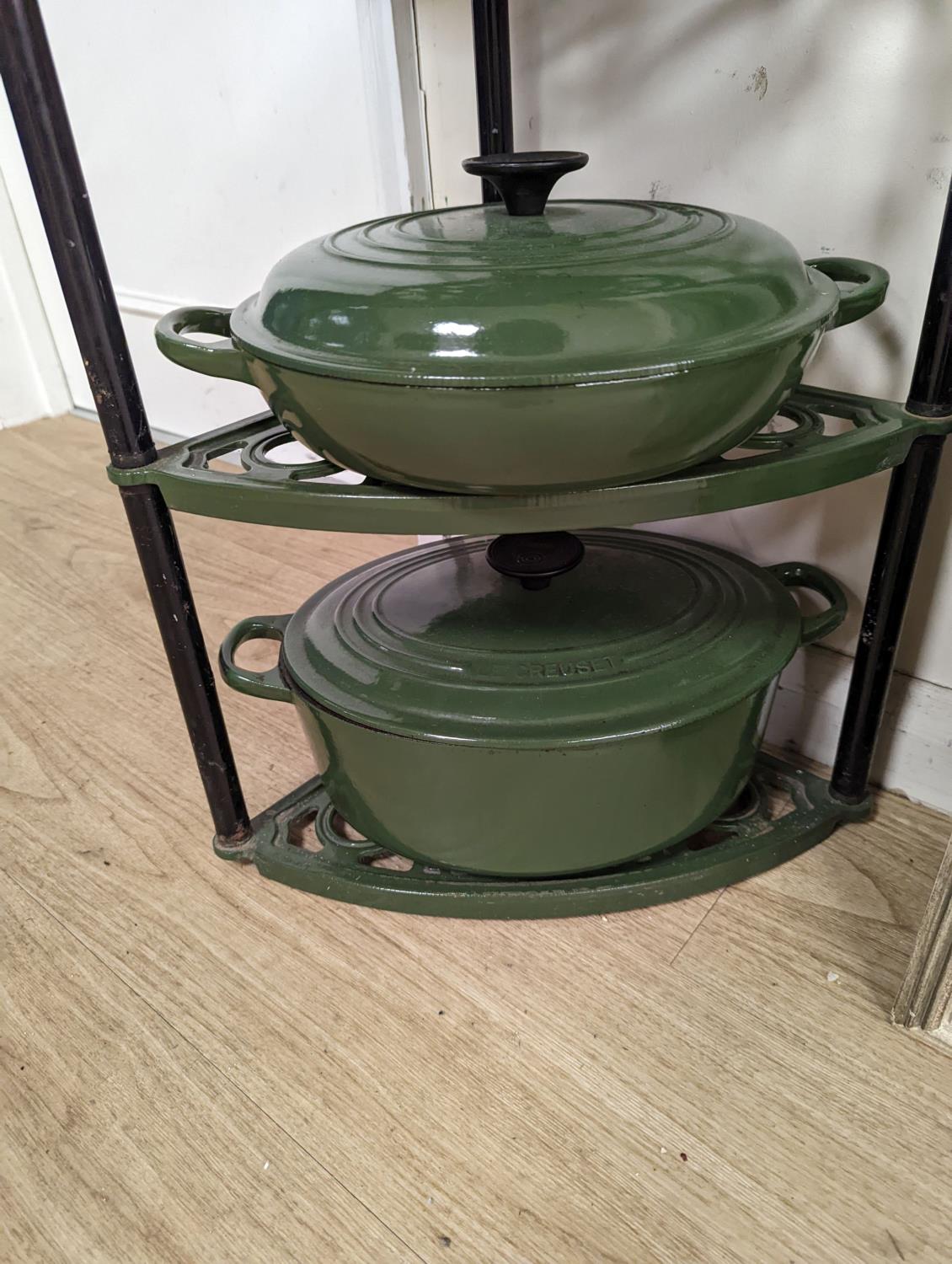 A green enamel Le Cruset pot stand, three pans and a bottle rack,stand 90 cms high. - Image 5 of 5