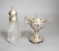 A George V silver mounted glass caster and a continental silver mustard pot frame (the latter a.f)