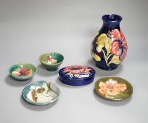 A Moorcroft vase, a similar box, 2 dishes and 2 bowls,Vase 29 cms high.