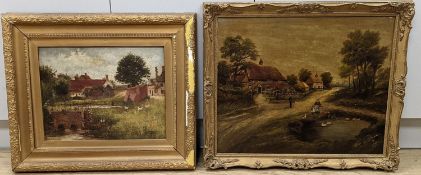 Early 20th century English School, two oils on canvas, Village scenes with duck ponds, largest 50