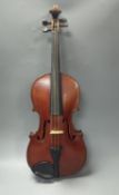 A violin in a mahogany case, case makers, Withers and sons,case 79 cms high.