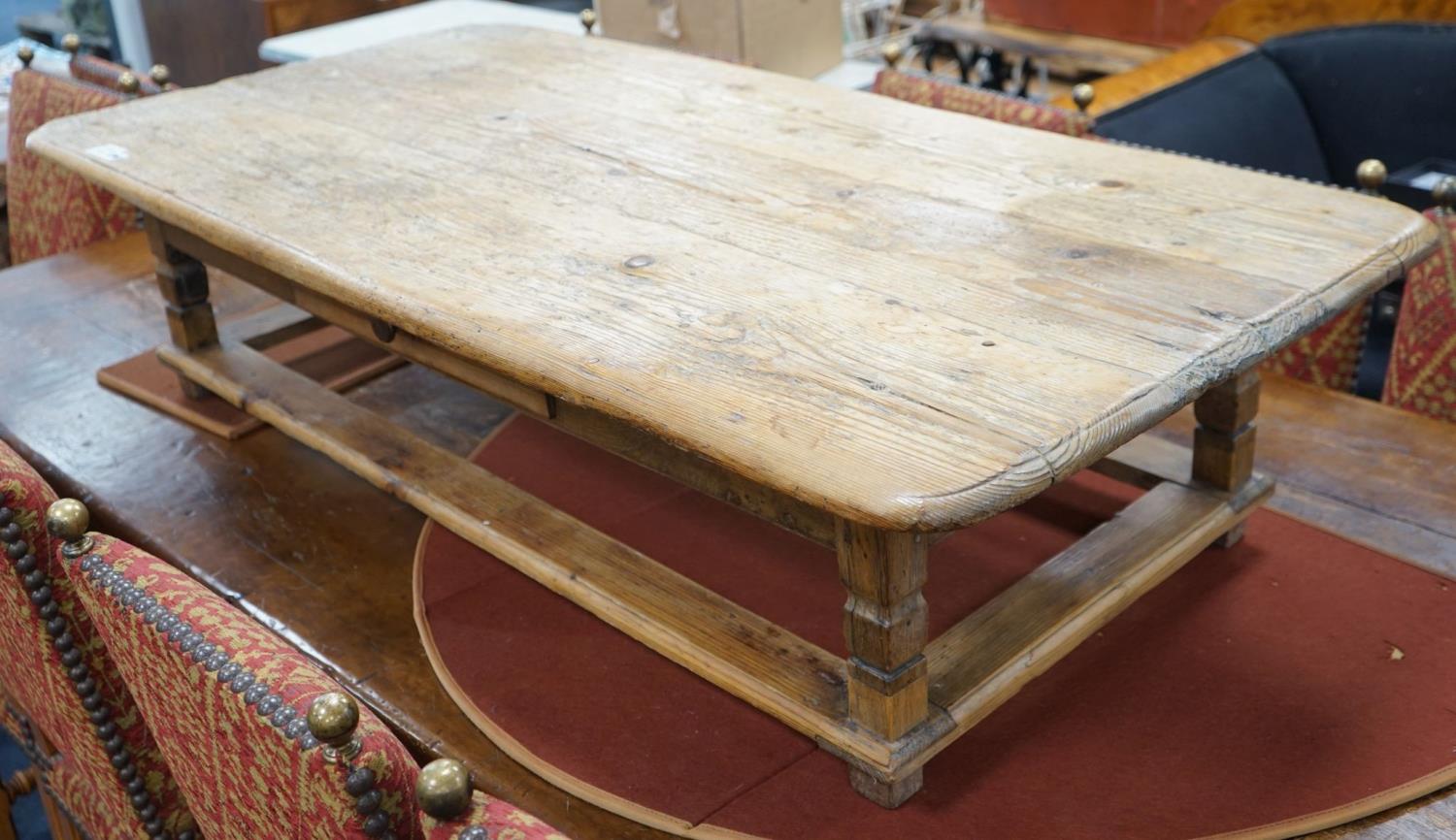 A 19th century and later rectangular pine coffee table fitted drawer, length 140cm, depth 70cm,