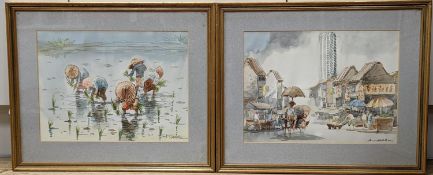 Asian School, pair of watercolours, Rice planters and Market scene, indistinctly signed, 26 x 35cm