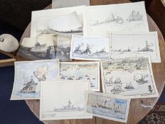 Nelson Dawson (1859-1941) assorted original artworks1. 'HMS Macliff?' watercolour and ink, 20 x