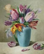 L. Lievré, oil on wooden panel, Still life of tulips in a blue vase, signed and dated 1944, 40 x