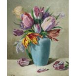 L. Lievré, oil on wooden panel, Still life of tulips in a blue vase, signed and dated 1944, 40 x