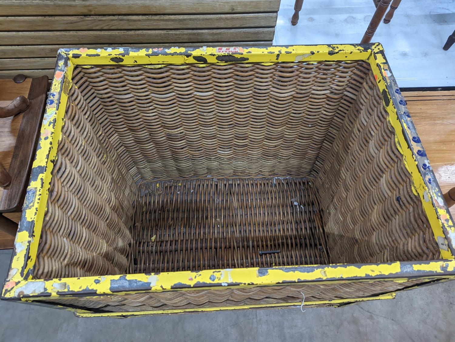 A vintage wicker and iron laundry basket on wheels, width 85cm, depth 61cm, height 87cm - Image 2 of 4