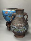 A large Japanese cloisonné enamel bowl on stand and a similar champleve enamel 2 handled vase,