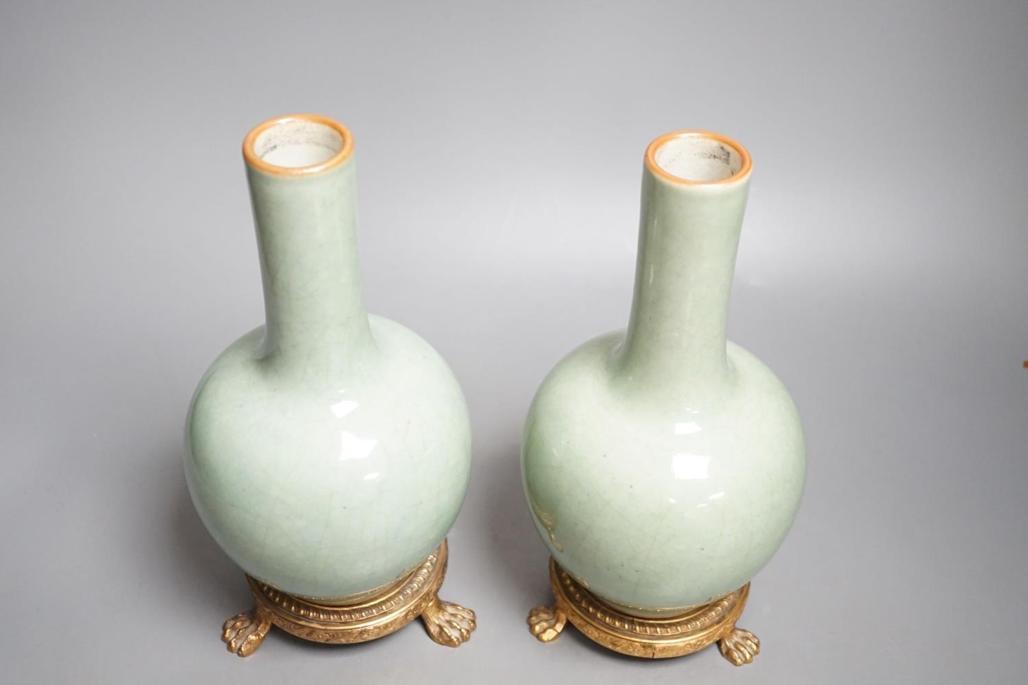 A pair of Chinese celadon crackle glazed bottle vases with gilt metal stands total height 27cm, - Image 4 of 6
