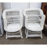 A pair of painted rattan conservatory chairs, width 65cm, height 79cm