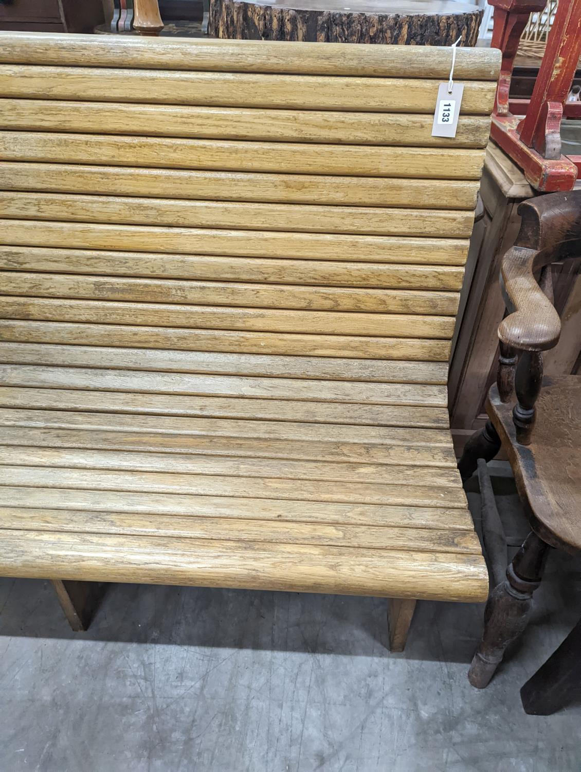 A vintage slatted wood tram bench, length 140cm, depth 60cm, height 98cm - Image 2 of 4