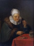 18th century Flemish School Woman seated at a table counting moneyoil on wooden panel18.5 x 14cm