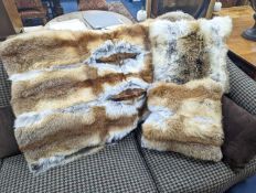 A German red fox fur throw with cashmere and wool back 180 x 135 cms and two red fox fur cushions.