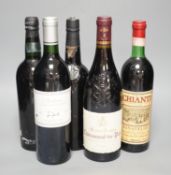 A bottle of Warres 1963 Vintage Port, a bottle of Fonsecca, 1977 Vintage Port and three bottles of