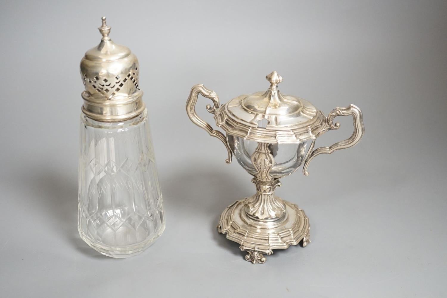 A George V silver mounted glass caster and a continental silver mustard pot frame (the latter a.f) - Image 2 of 5