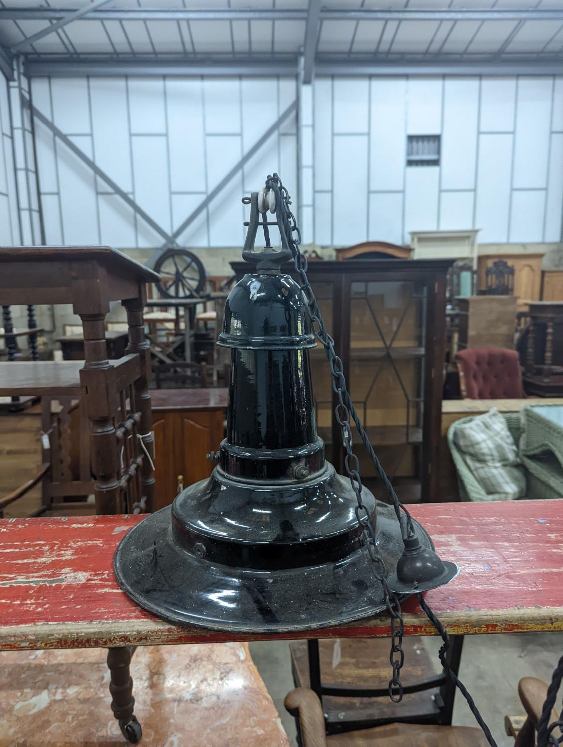 A set of three Continental black enamelled industrial style ceiling shades, height including - Image 4 of 4