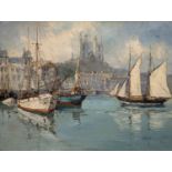 Bernhard Laarhoven (b.1912), oil on canvas, Shipping in harbour, signed, 50 x 70cm