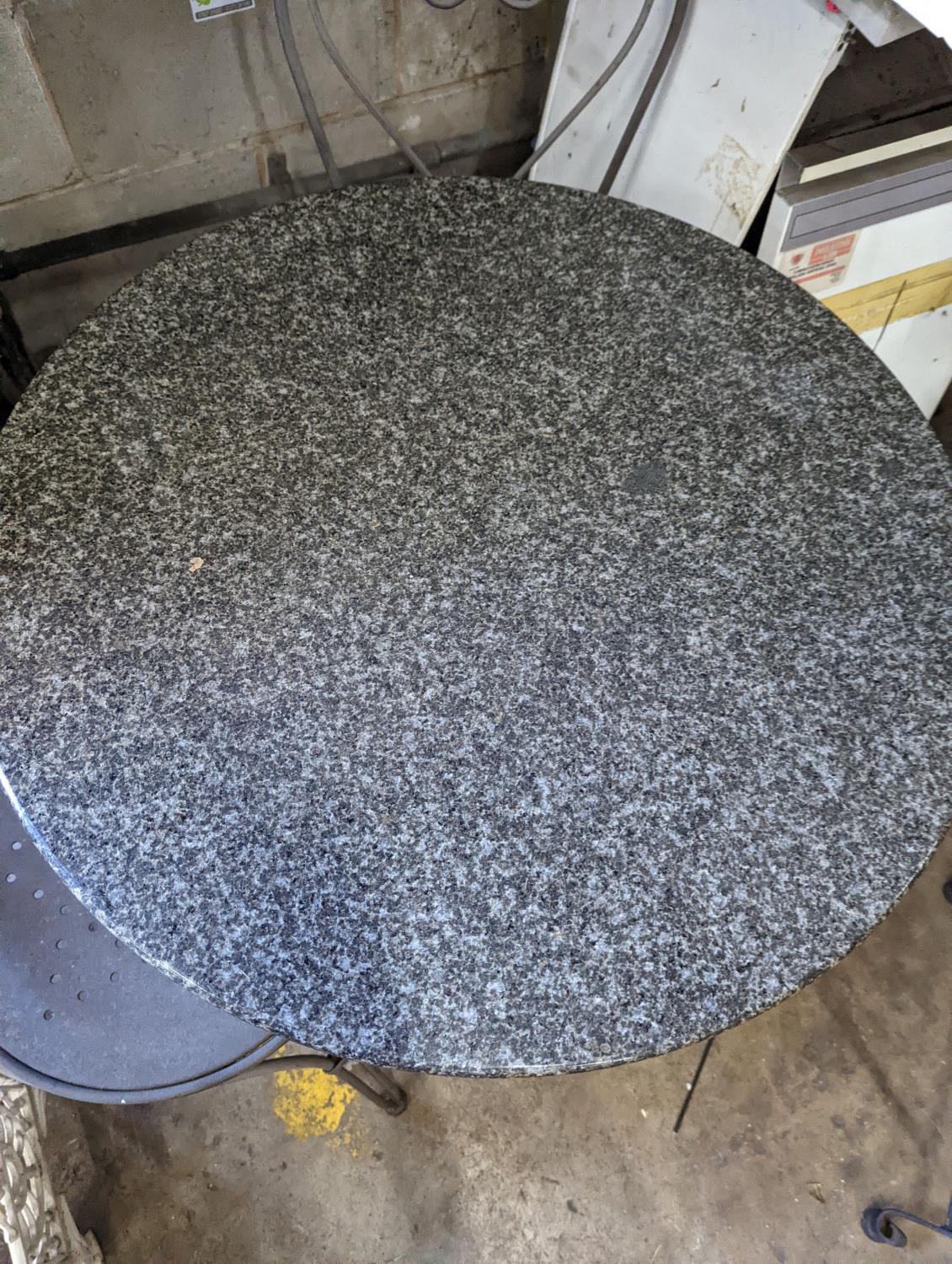 A circular stone top garden table, diameter 75cm, height 72cm and two chairs - Image 2 of 4