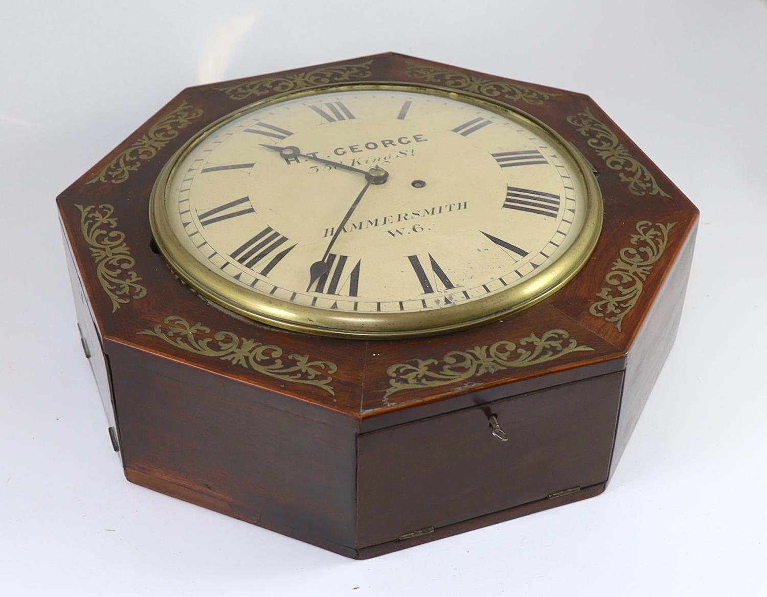 H.T. George, 358 King St, Hammersmith. A William IV octagonal rosewood dial clockwith single fusee - Image 3 of 4