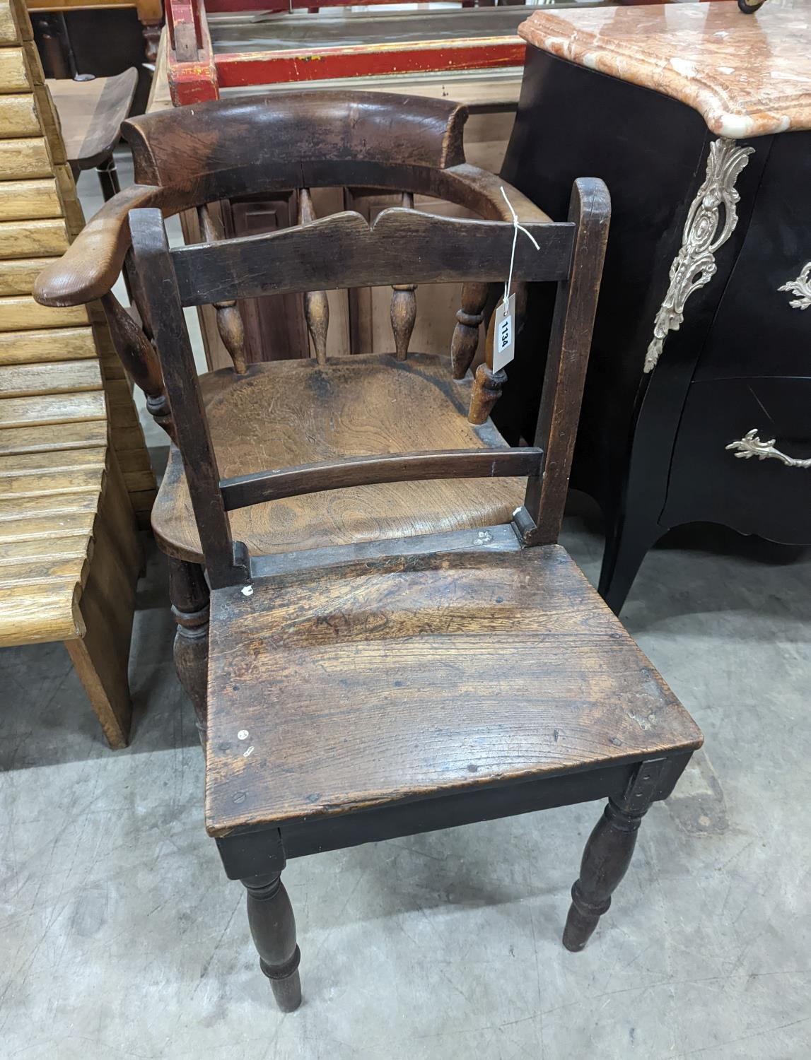 A Victorian elm and beech smoker's bow chair together with a provincial wood seat chair