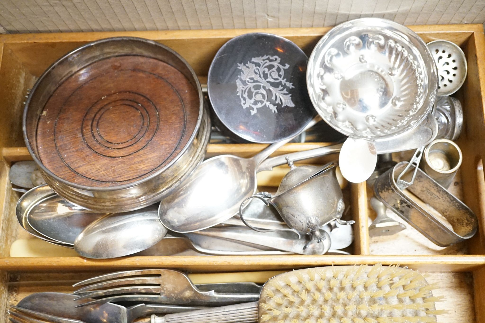 Small silver cutlery, together with a silver presentation coaster, a silver backed brush and various - Image 3 of 4