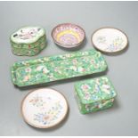 A group of Chinese Canton enamel dishes and two boxes and covers, 24cm