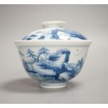 A Chinese underglaze blue and copper red bowl and cover, with hallmark, 9.5 cms high including