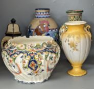 A Mont Saint Michael jardiniere, a lidded jar, two vases and an Amphora chicken decorated vase,