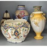 A Mont Saint Michael jardiniere, a lidded jar, two vases and an Amphora chicken decorated vase,
