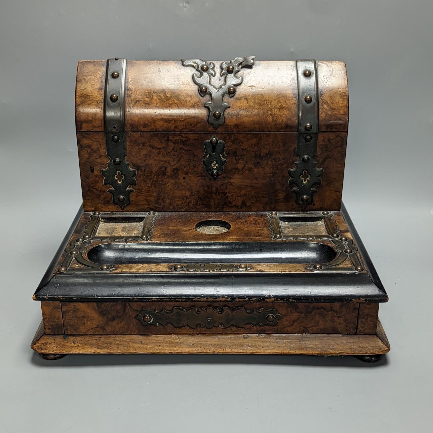 A Victorian brass bound walnut desk stand 36cm