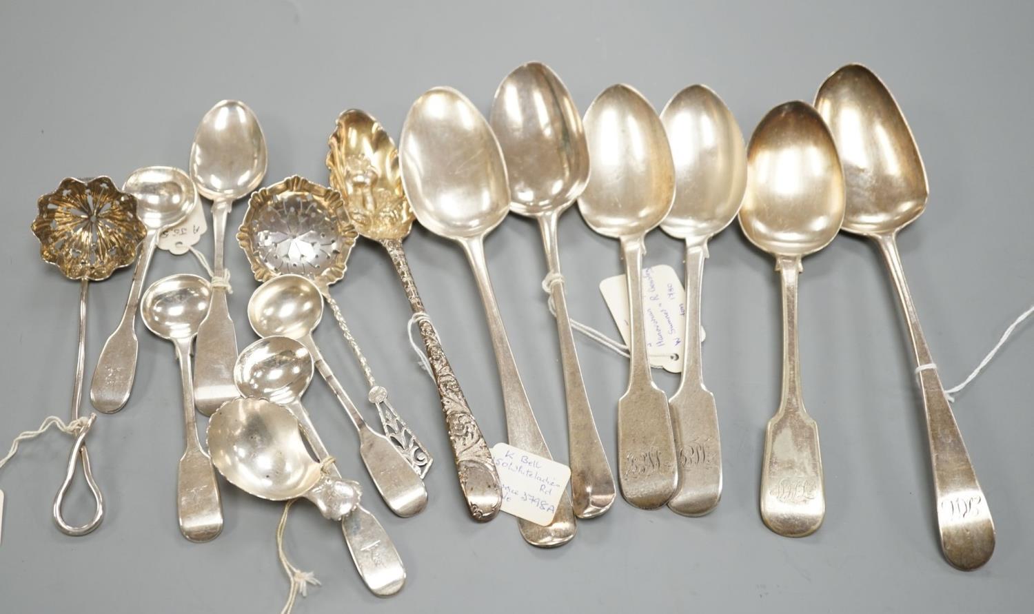 A small collection of 18th century and later silver flatware, including a table spoon by Thomas