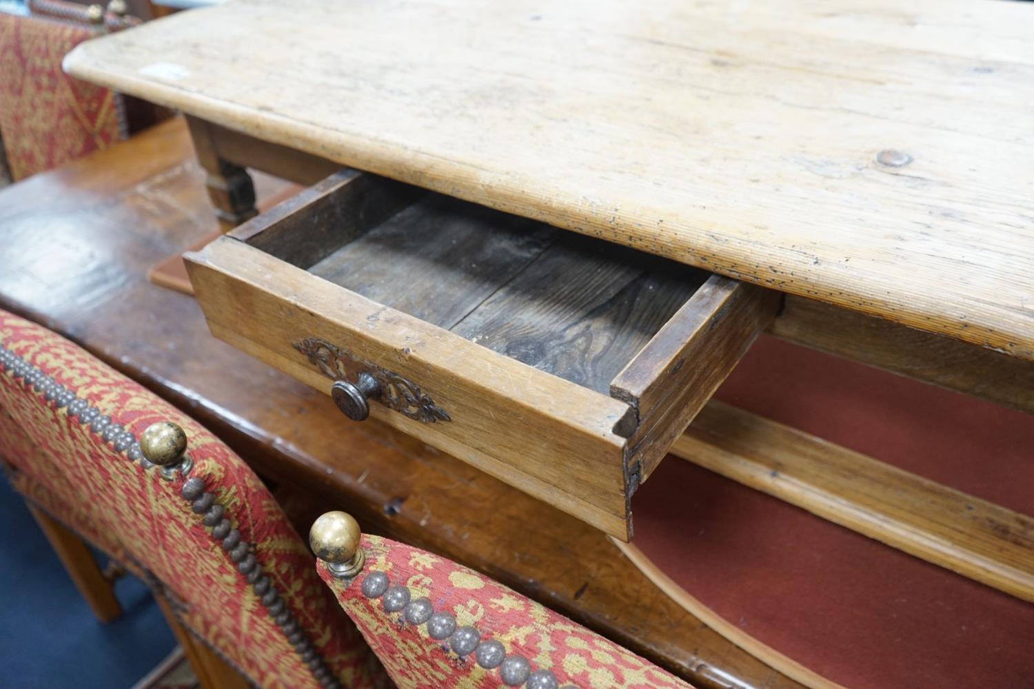 A 19th century and later rectangular pine coffee table fitted drawer, length 140cm, depth 70cm, - Image 5 of 5