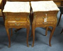 A pair of Louis XVI design marquetry inlaid, gilt metal mounted serpentine bedside chests, width