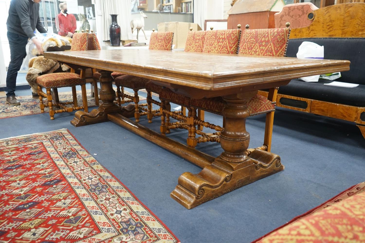 An 18th century style rectangular walnut refectory dining table on baluster end supports with - Image 3 of 6