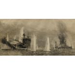 William Lionel Wyllie (1851-1931), etching, HMS Warspite and HMS Warrior at Jutland, signed in