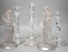 Five various cut glass candlesticks, a pair of John Ford, Holyrood Glass Works, Edinburgh figural