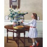 Modern British Interior with girl and parakeetoil on canvas73 x 61cm