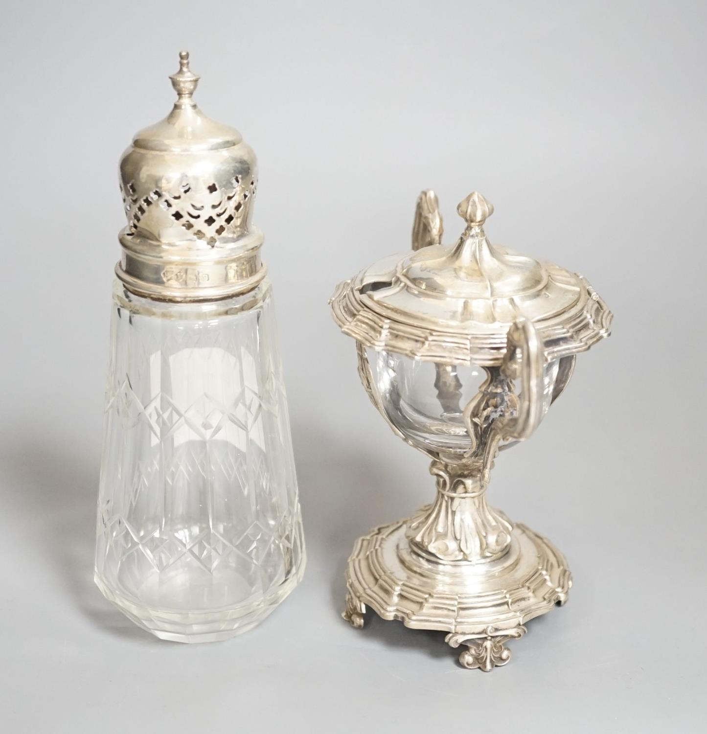 A George V silver mounted glass caster and a continental silver mustard pot frame (the latter a.f) - Image 3 of 5