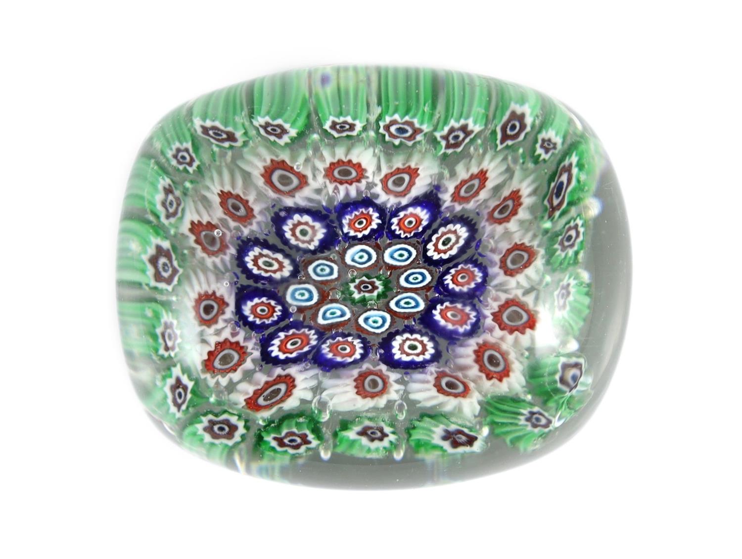 An unusual rectangular millefiori glass paperweight, probably Murano,9.4cm