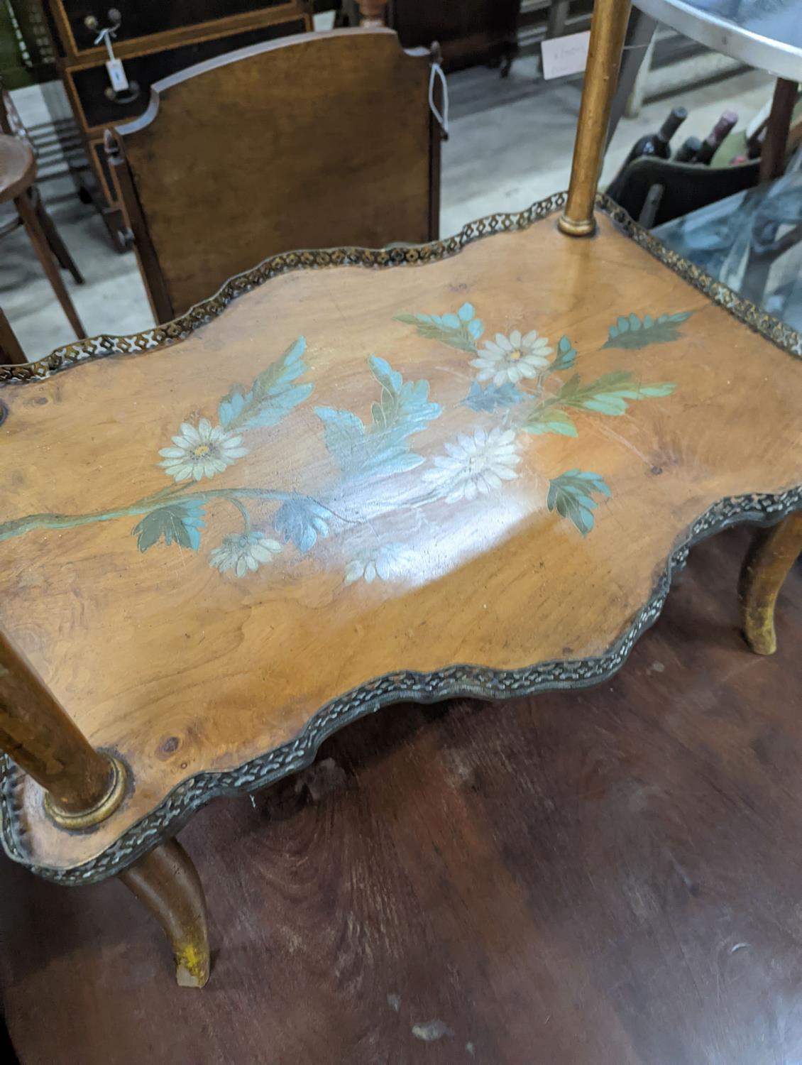 A late Victorian two tier walnut etagere, painted with birds amongst flowers, width 58cm, depth - Image 3 of 5