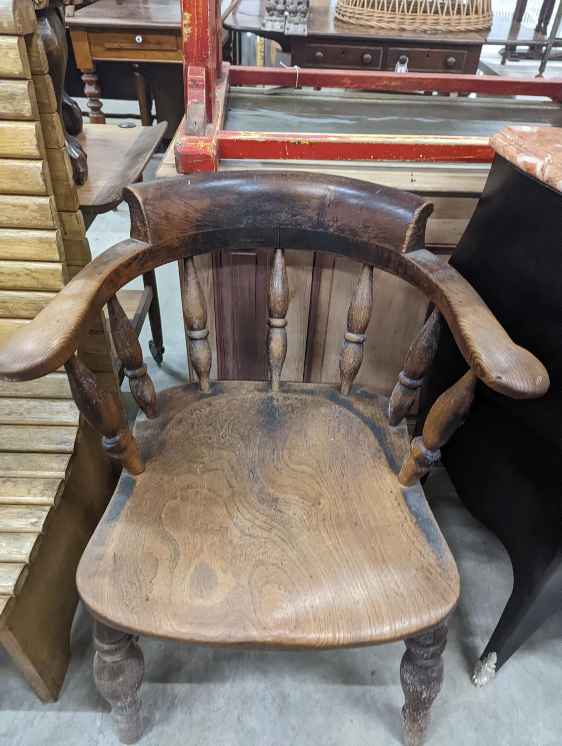 A Victorian elm and beech smoker's bow chair together with a provincial wood seat chair - Image 4 of 4