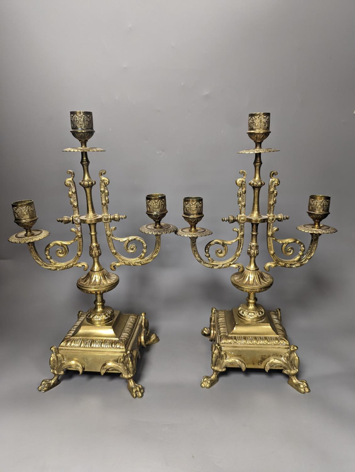 A 19th century French ornate brass clock garniture including a pair of 3 branch candelabraClock 42 - Image 4 of 4