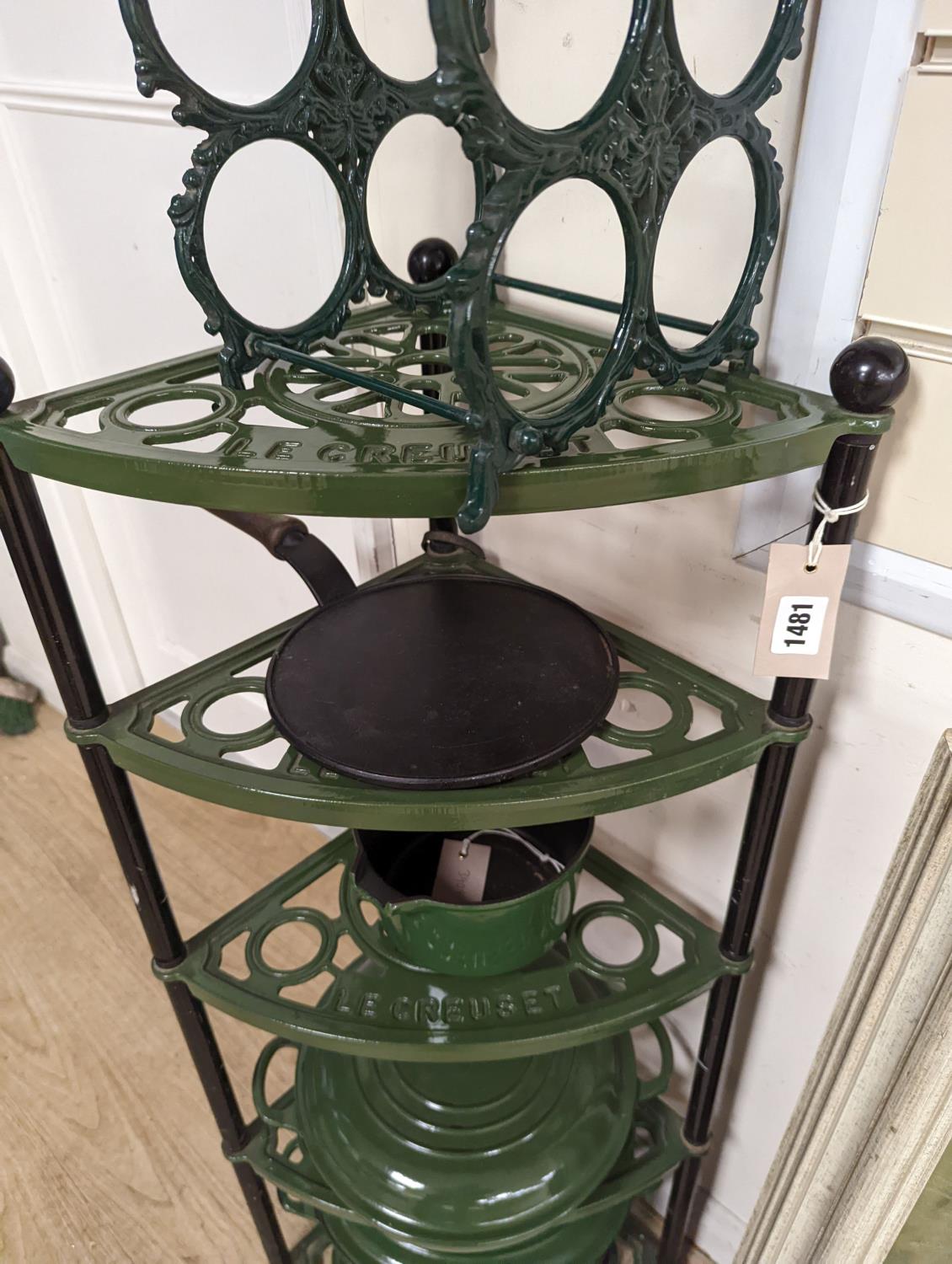 A green enamel Le Cruset pot stand, three pans and a bottle rack,stand 90 cms high. - Image 3 of 5
