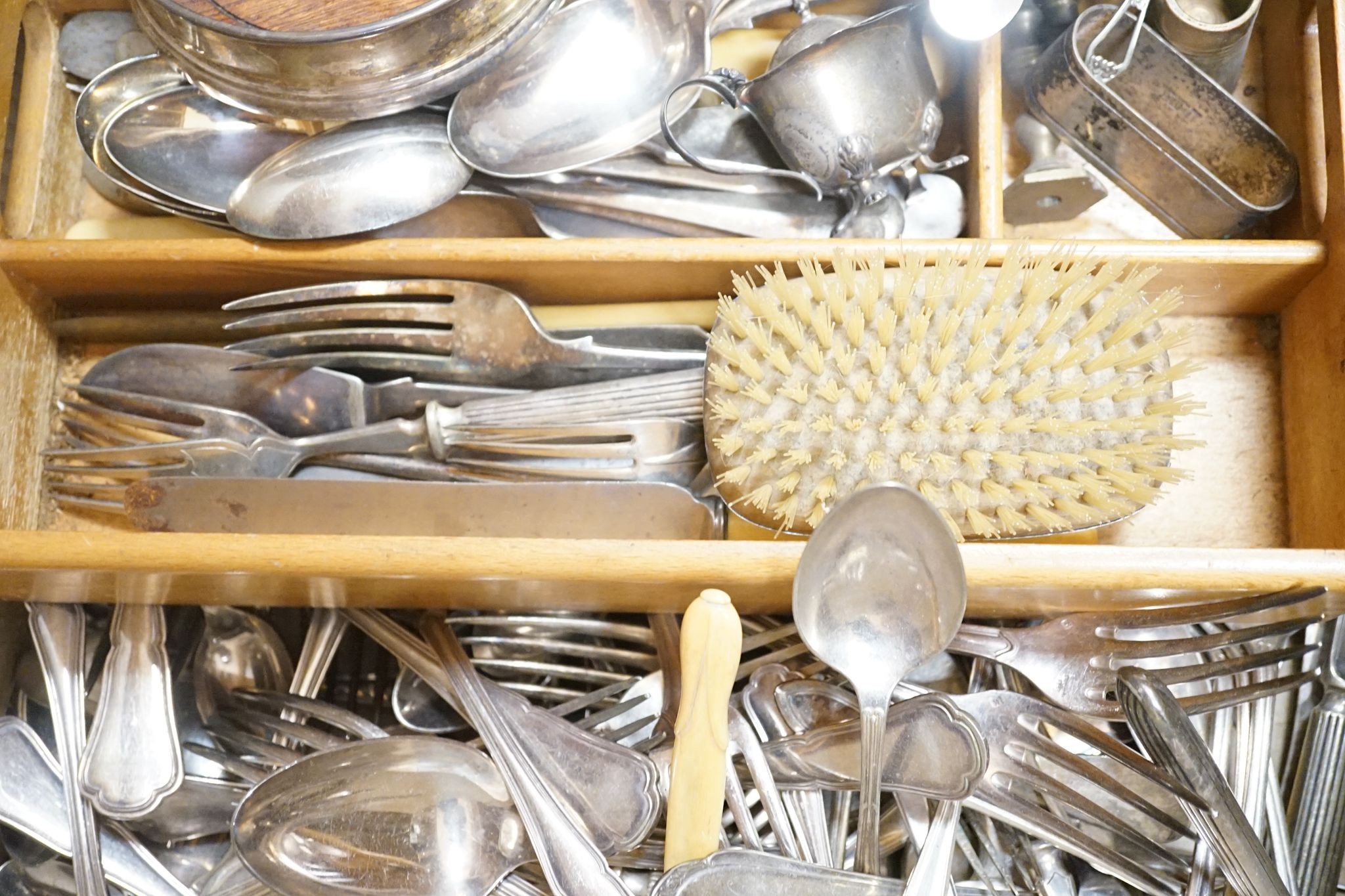 Small silver cutlery, together with a silver presentation coaster, a silver backed brush and various - Image 4 of 4