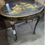 An early 20th century chinoiserie lacquer oval centre table, length 84cm, depth 59cm, height 77cm